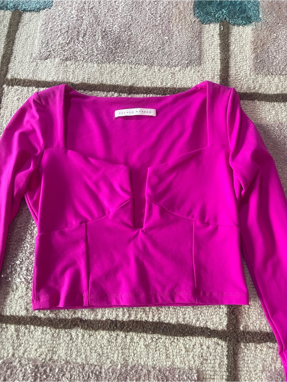 Susana Monaco Fuchsia Square-Neck Long Sleeve Crop Top